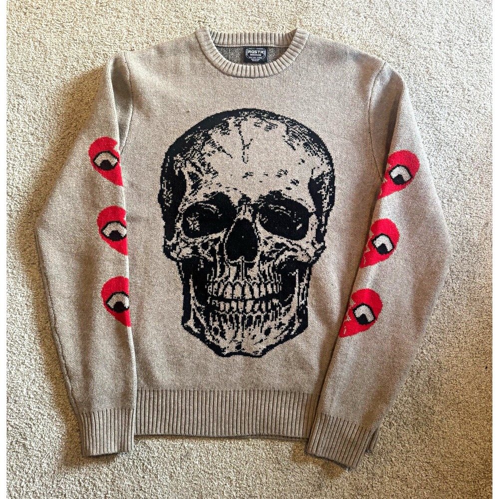 RGSTR Men's Beige Knit Crewneck Pullover Sweater Skull Graphic Print M